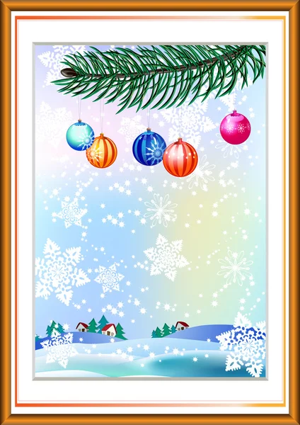 Fond de Noël paysage d'hiver avec branche de pin et décorations — Image vectorielle