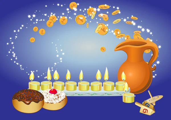 Hanukkah sfondo con candele, ciambelle, brocca di olio e filatura superiore e — Vettoriale Stock