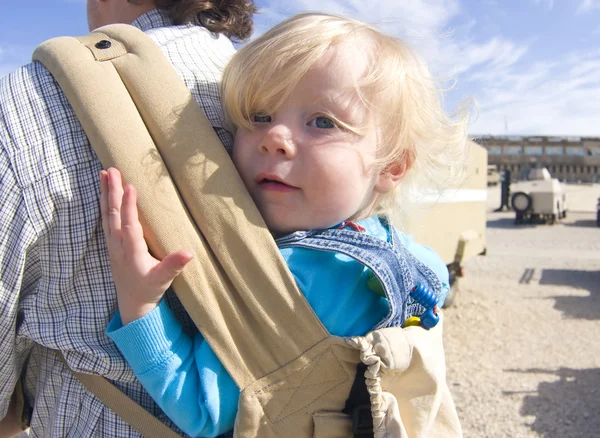 Cute toddler in baby carrier — Stock Photo, Image