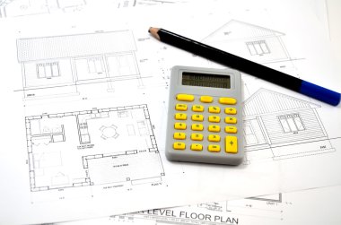 Draft plan of building a house, pencil and calculator clipart