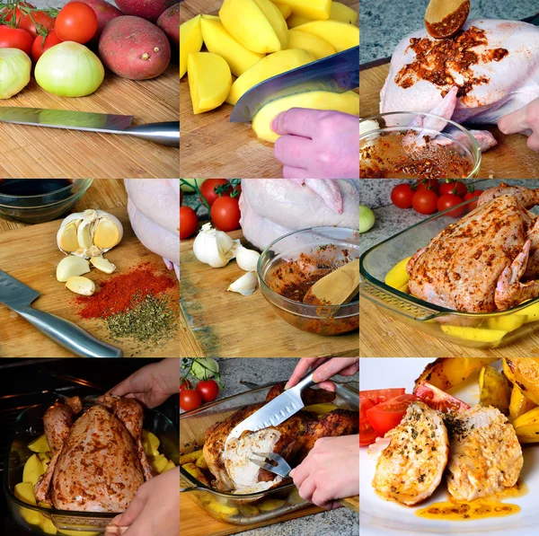 Preparación de pollo al horno con patatas, collage de 6 —  Fotos de Stock