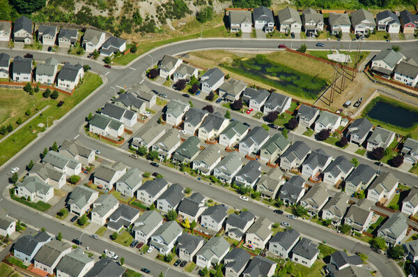 Aerial view of new houses in developing neighborhood