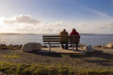 Elderly Couple Relaxing Together on Park Bench Facing a Lake clipart