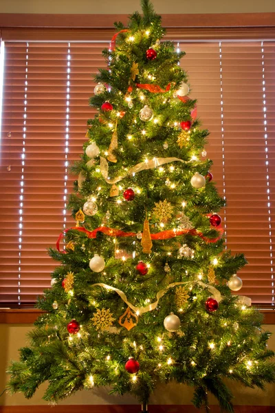 Πλήρη χριστουγεννιάτικο δέντρο μπροστά από τους τυφλούς Royalty Free Φωτογραφίες Αρχείου