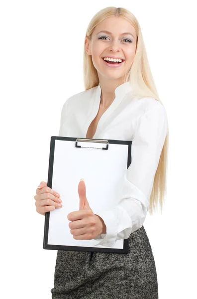 Hermosa mujer sostiene un tablón de anuncios con el pulgar hacia arriba —  Fotos de Stock