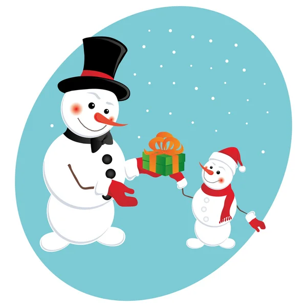 Snowman gives a New Year gift — Stock Vector