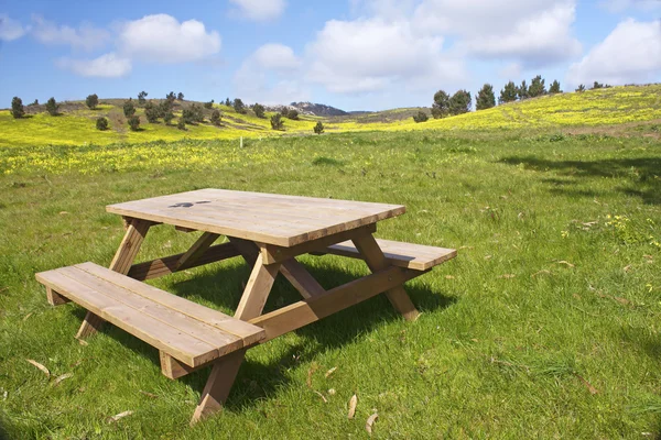 stock image Wooden bench in the meadows