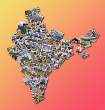 Collage India map with collection of famous places photos clipart