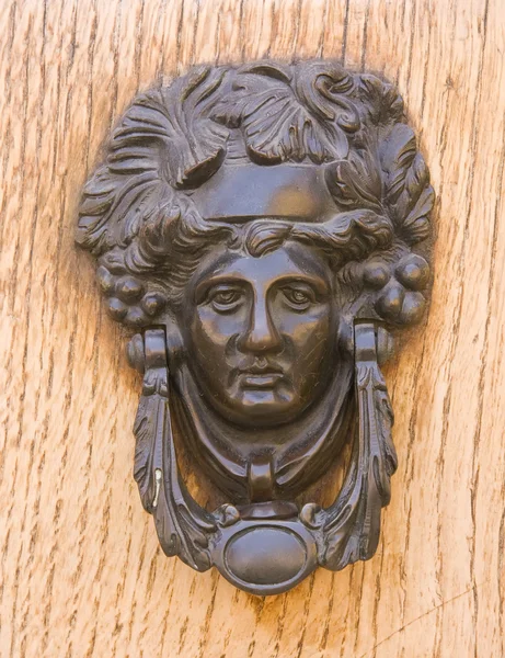Medieval bronze knocker on the wooden door — Stock Photo, Image