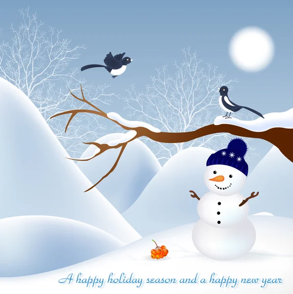 Синій різдвяний фон зі сніговиком і птахами — стокове фото