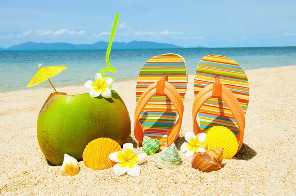 Ocean Beach con palma y cóctel exótico —  Fotos de Stock