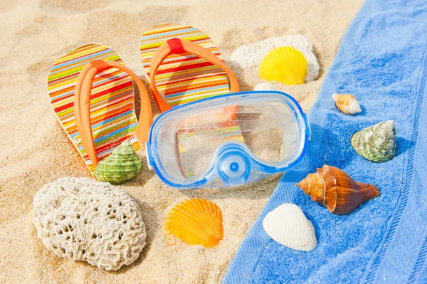 Seashells and diving mask on the ocean beach — Stock Photo, Image