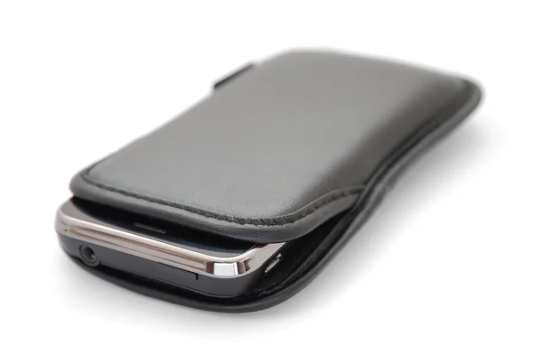 Smartphone in leather case — Stock Photo, Image