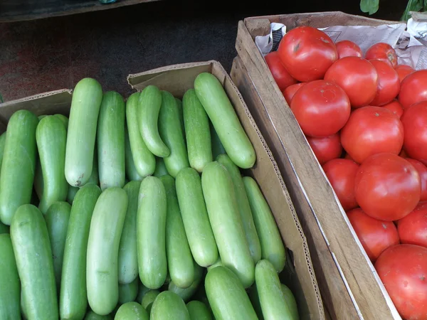 Komkommers en tomaten in kartonnen dozen op de markt — Stockfoto