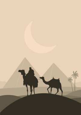 Bedouin camel caravan in wild africa landscape illustration clipart