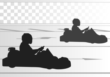 go cart sürücüleri yarış pisti ve gökdelen şehir manzara arka plan illustr