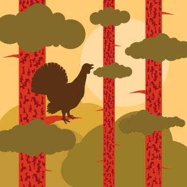 Wood grouse in pine tree forest landscape background illustration clipart