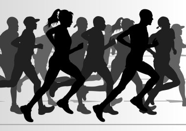 Marathon runners in skyscraper city landscape background illustration clipart