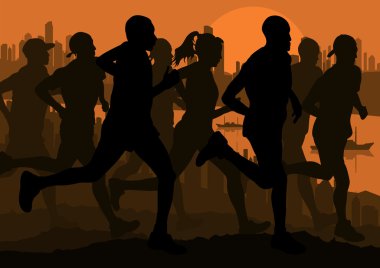 Marathon runners in skyscraper city landscape background illustration clipart