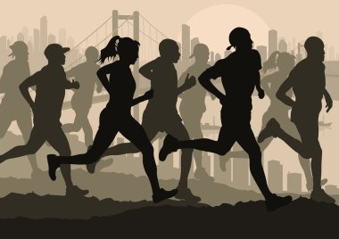 Marathon runners in skyscraper city landscape background illustration clipart