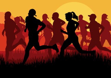 Marathon runners in skyscraper city landscape background illustration clipart