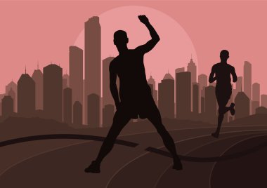 Marathon runners in skyscraper city landscape background illustration clipart