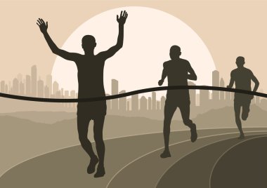 Marathon runners in skyscraper city landscape background illustration clipart