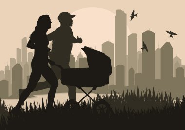 Marathon runners in skyscraper city landscape background illustration clipart