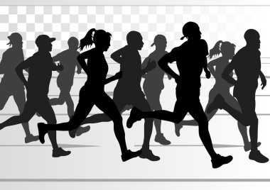 Marathon runners in skyscraper city landscape background illustration clipart