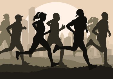 Marathon runners in skyscraper city landscape background illustration clipart