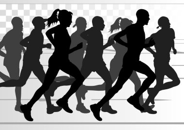 Marathon runners in urban city landscape background illustration clipart