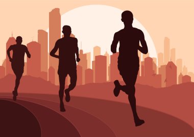 Marathon runners in urban city landscape background illustration clipart