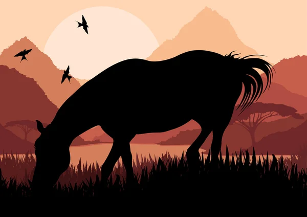 野生の自然の風景イラストでアニメーションの馬 — ストックベクタ
