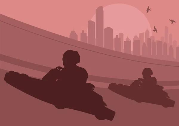 カート ドライバー レース トラック、高層ビル都市風景の背景 illustr に行く — ストックベクタ