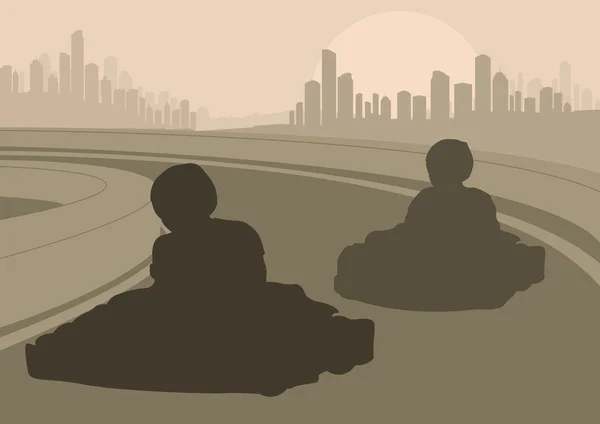 Go cart pilotes piste de course et gratte-ciel ville paysage arrière-plan illustr — Image vectorielle