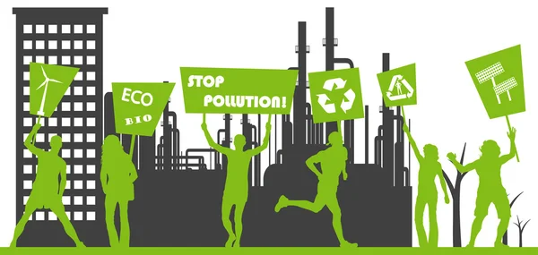 Protesta verde, piquete contra la contaminación. Ecología mundo concepto vecto — Vector de stock