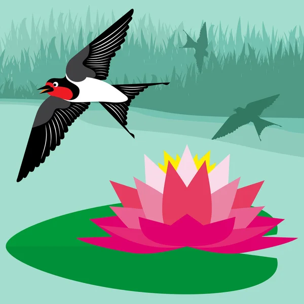 Andorinha voadora no campo paisagem lateral fundo ilustração — Vetor de Stock