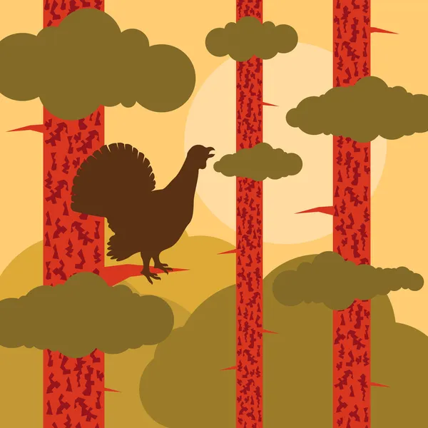 松の森で木製のライチョウ風景の背景イラスト — ストックベクタ