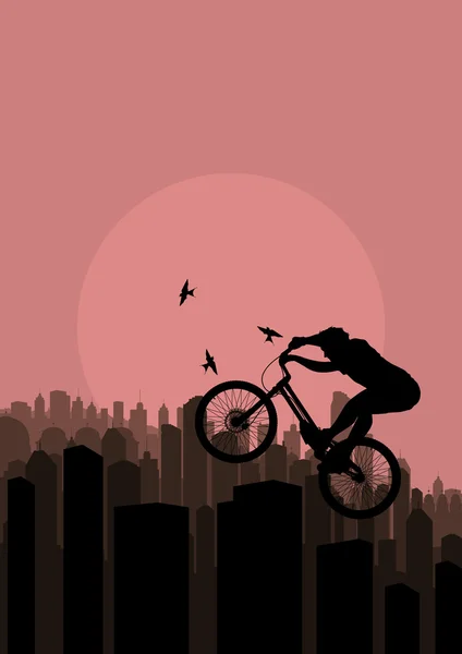 Mountain bike proef renner in wolkenkrabber stad landschap illustratie — Stockvector
