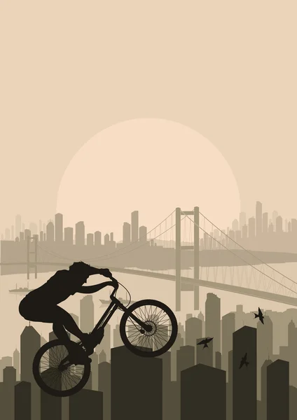 Dağ bisikleti deneme rider gökdelen şehir manzara şekil içinde — Stok Vektör
