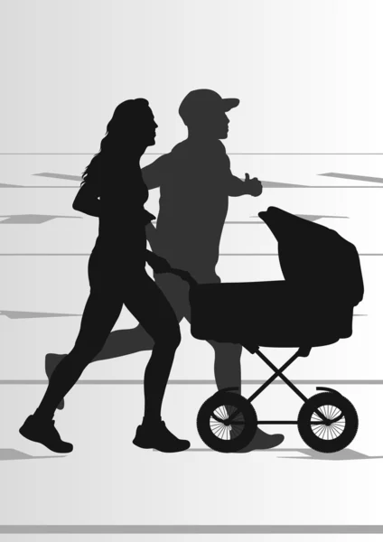 Active family marathon runners in urban city landscape background illustrat — Stock Vector