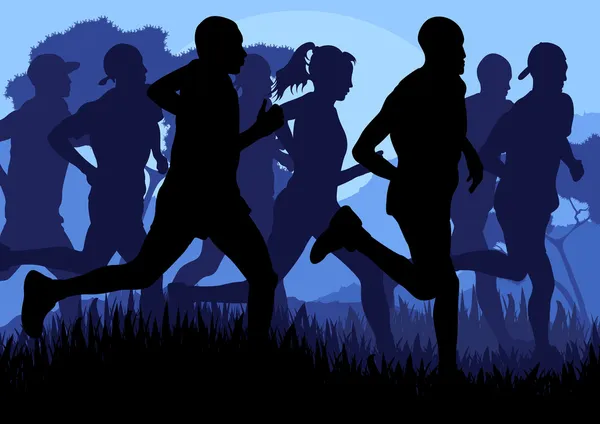 Marathon coureurs dans gratte-ciel ville paysage arrière-plan illustration — Image vectorielle