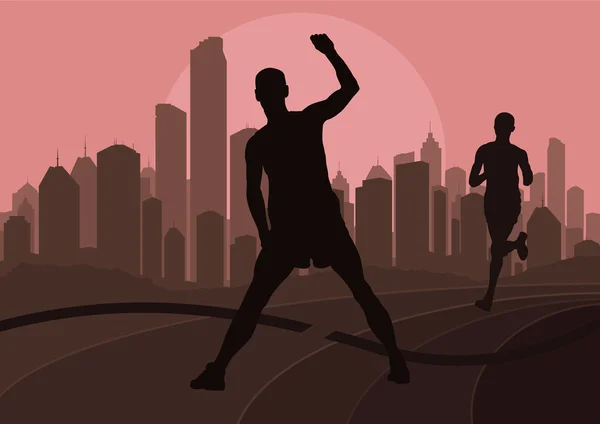 Maraton koşucular gökdelen şehir peyzaj resimde arka plan. — Stok Vektör