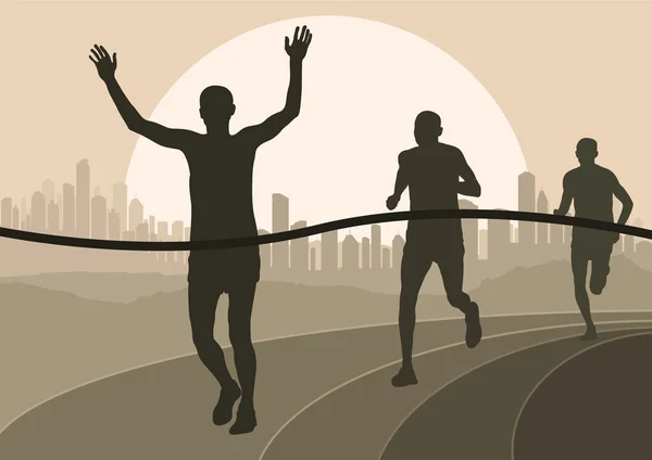 Marathon runners in skyscraper city landscape background illustration — Stock Vector