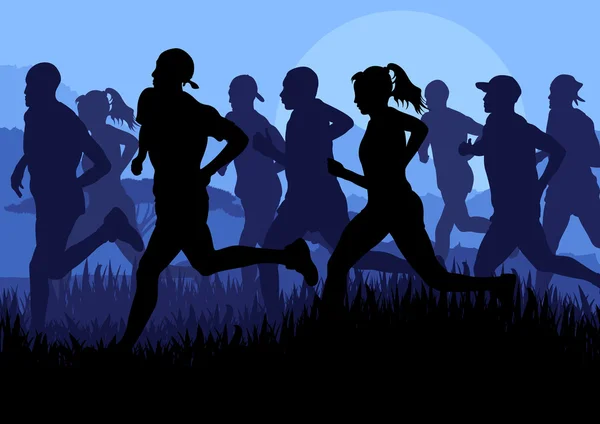 Marathonlopers in wolkenkrabber stad landschap achtergrond afbeelding — Stockvector