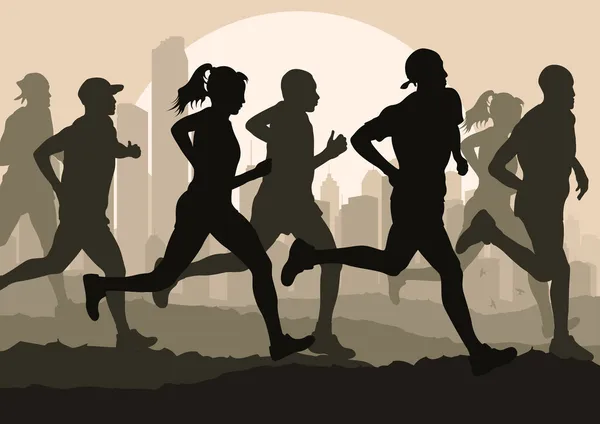 Marathon runners in skyscraper city landscape background illustration — Stock Vector
