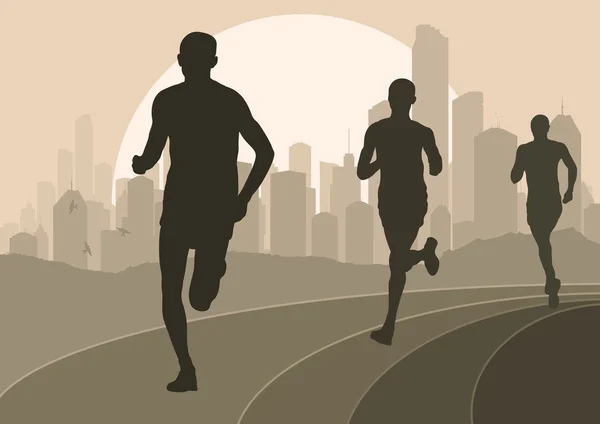 Corredores de maratón en ciudad urbana paisaje fondo ilustración — Vector de stock