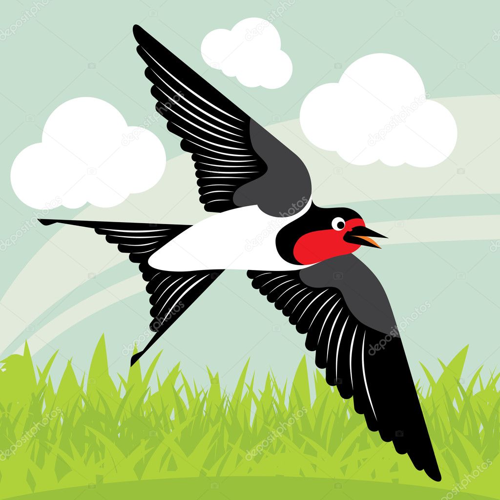 Flying swallow in country side landscape background illustration