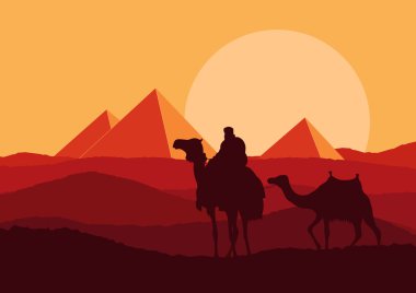 Camel caravan in wild Africa pyramids landscape background illustration clipart