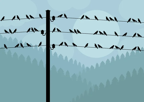 Fåglar på trådarna i höst landsbygd landskap bakgrund illustration — Stock vektor